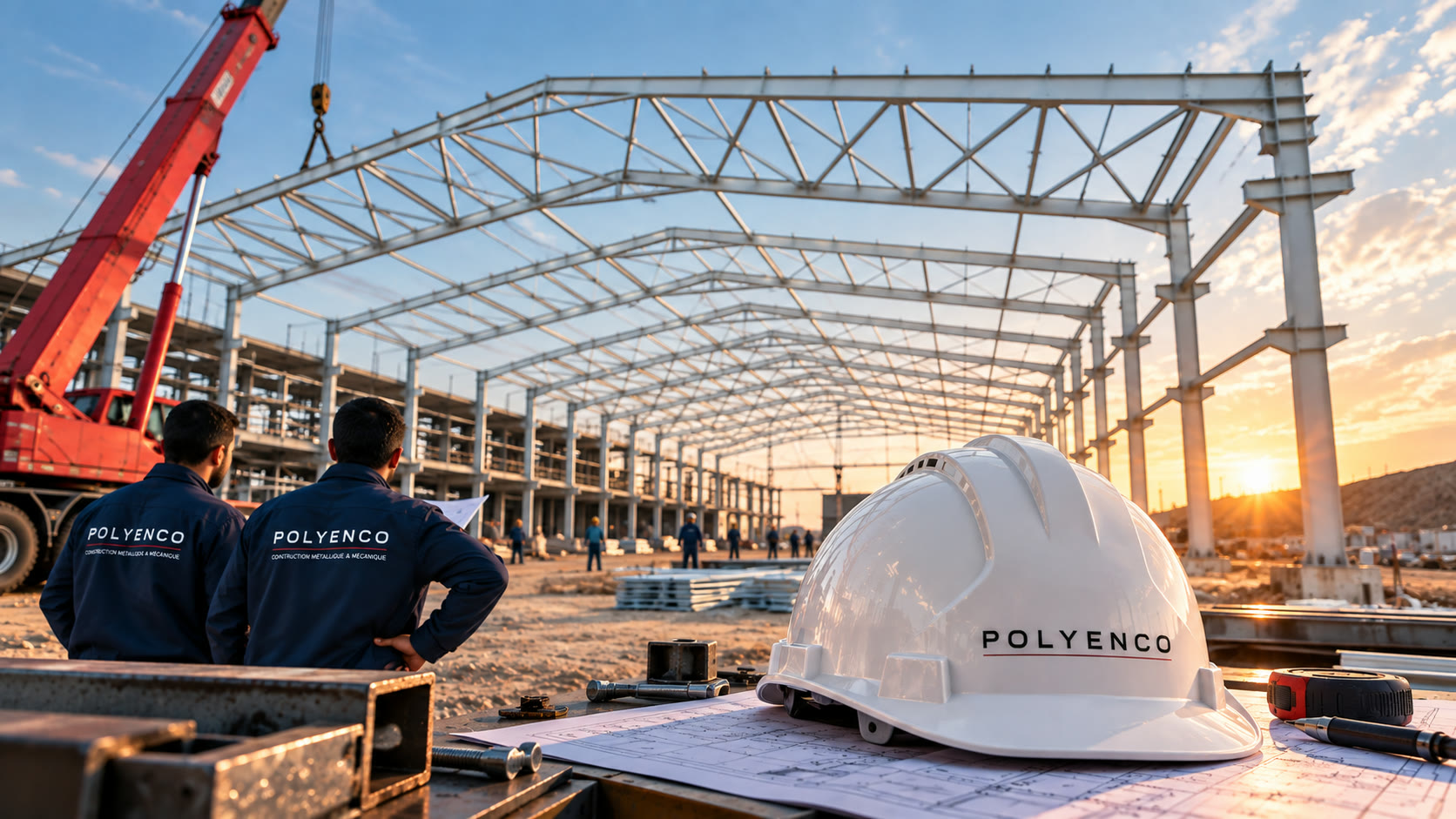 Casque de chantier POLYENCO posé sur des plans, devant une charpente métallique en cours de montage au coucher du soleil