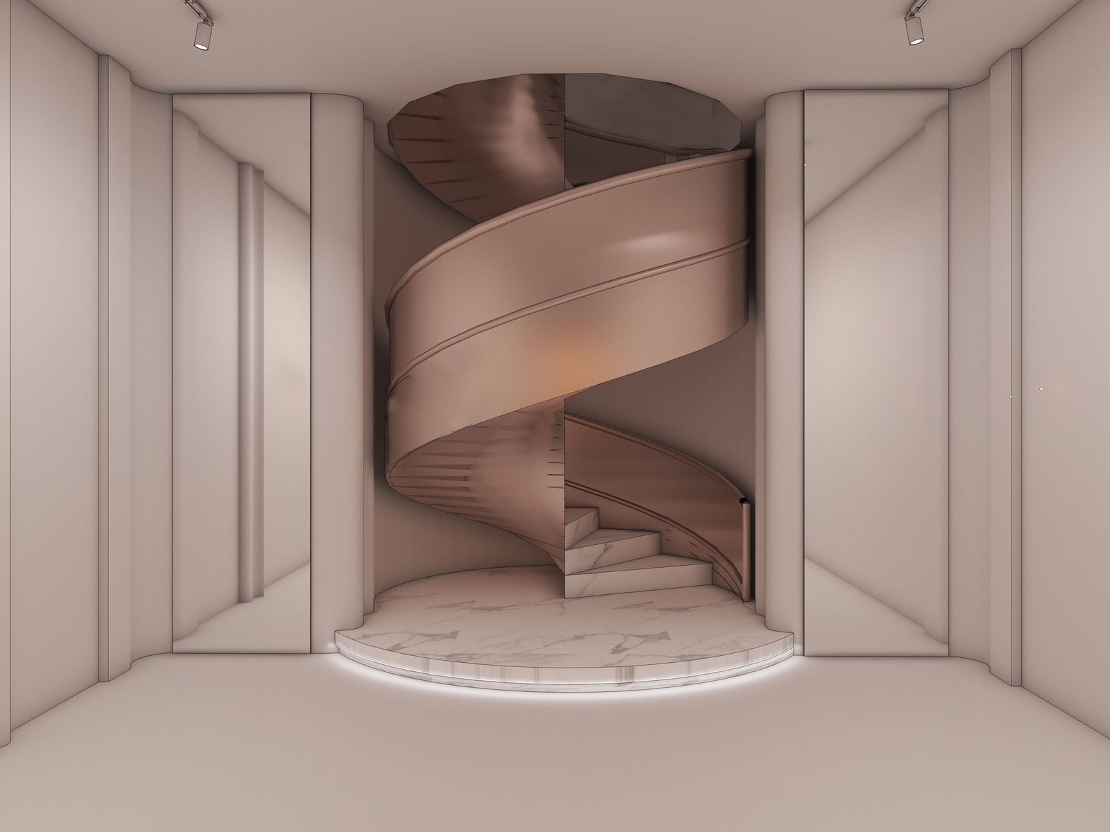Modèle 3D de l'architecte : escalier hélicoïdal à limon plein dans une cage circulaire