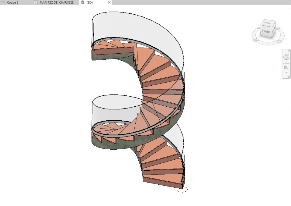 POLYENCO - Vue 3D de l'escalier dans le modèle d'étude : limon hélicoïdal, marches et garde-corps